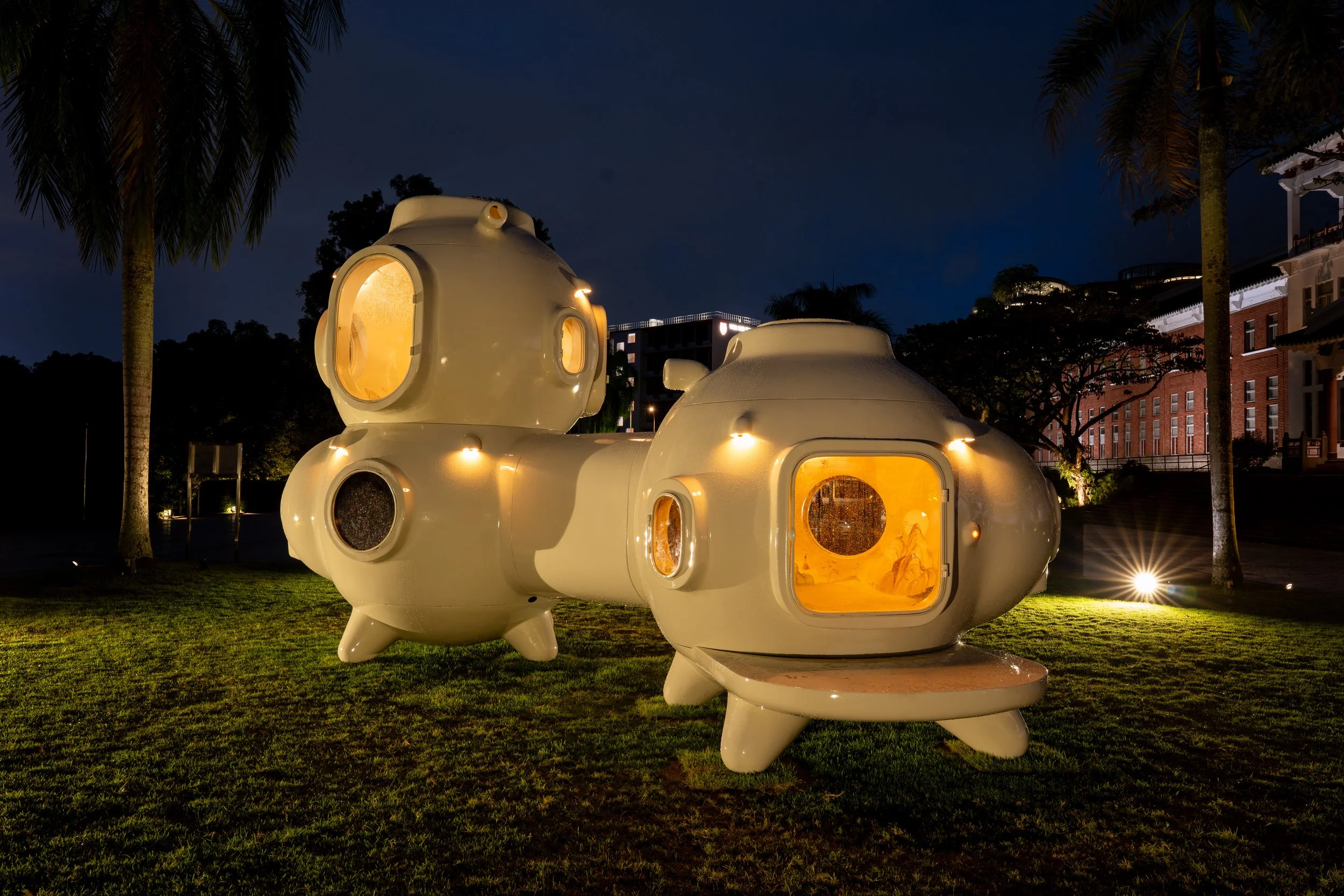 Torlarp Larpjaroensook, Cosmos of Nostalgia, 2025, fibreglass, acrylic hand paint and electrical light bulbs, 377 x 625 x 255cm.