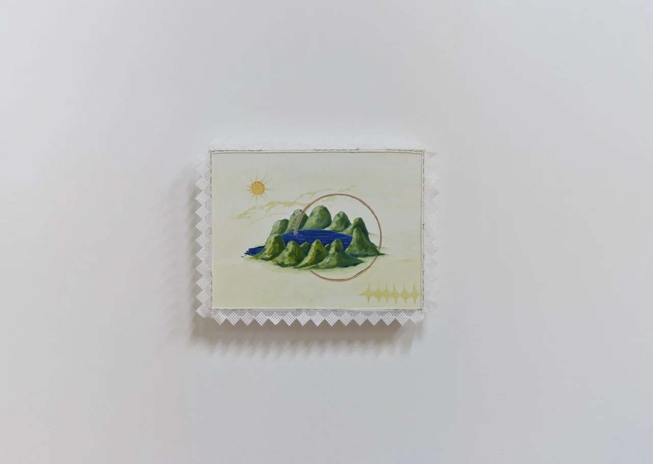 Ella Wijt, Life is a Vow of Land and Water, 2026, oil on canvas with cotton lace frame, 45 x 35cm. Photo by Philip Huynh. Image courtesy of the artist and Sullivan+Strumpf.