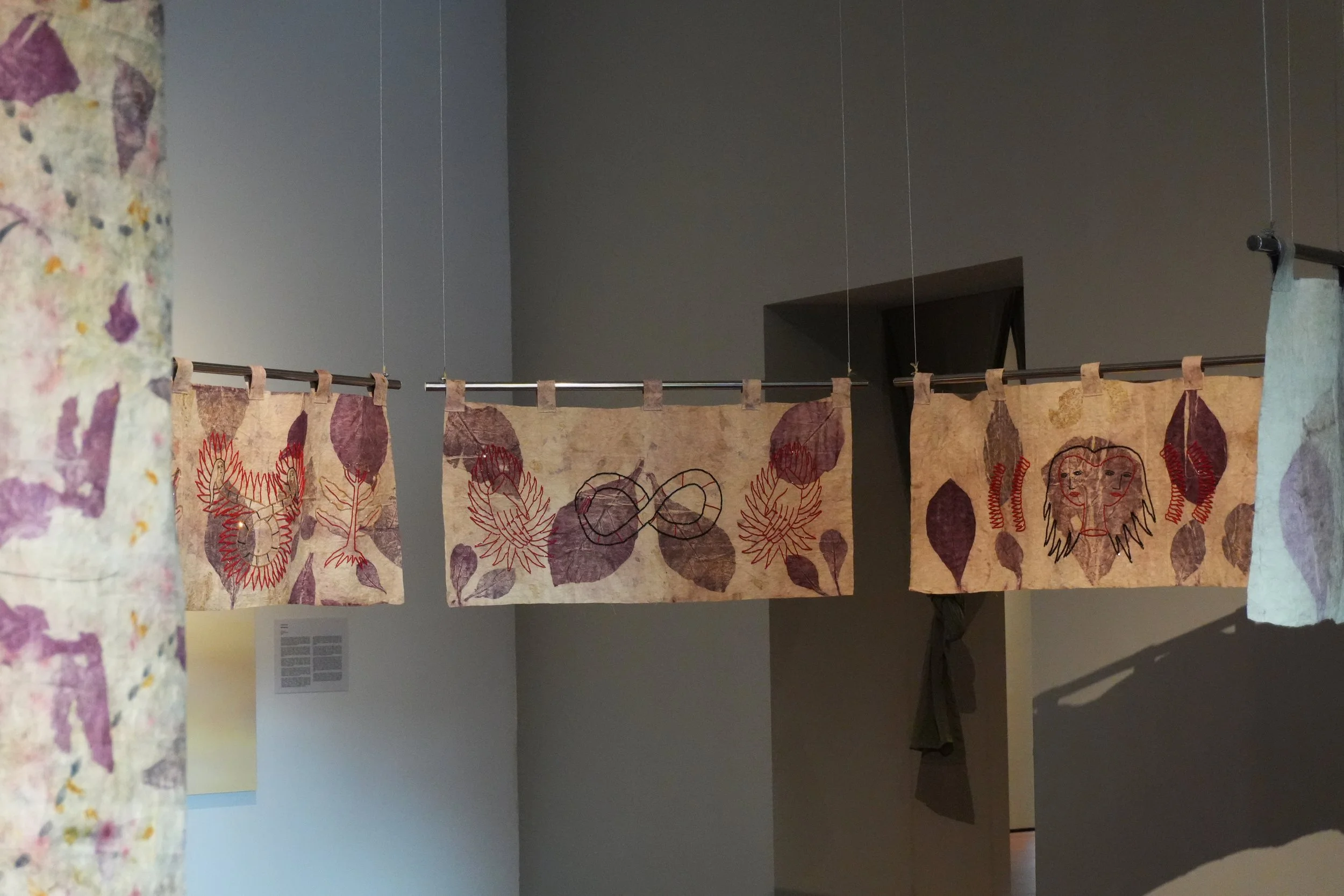 Citra Sasmita and Cinta Bumi Artisans, Fibers of Time, 2026, barkcloth, botanical dyes, and embroidery, dimensions variable. Image courtesy of the National Gallery of Indonesia.