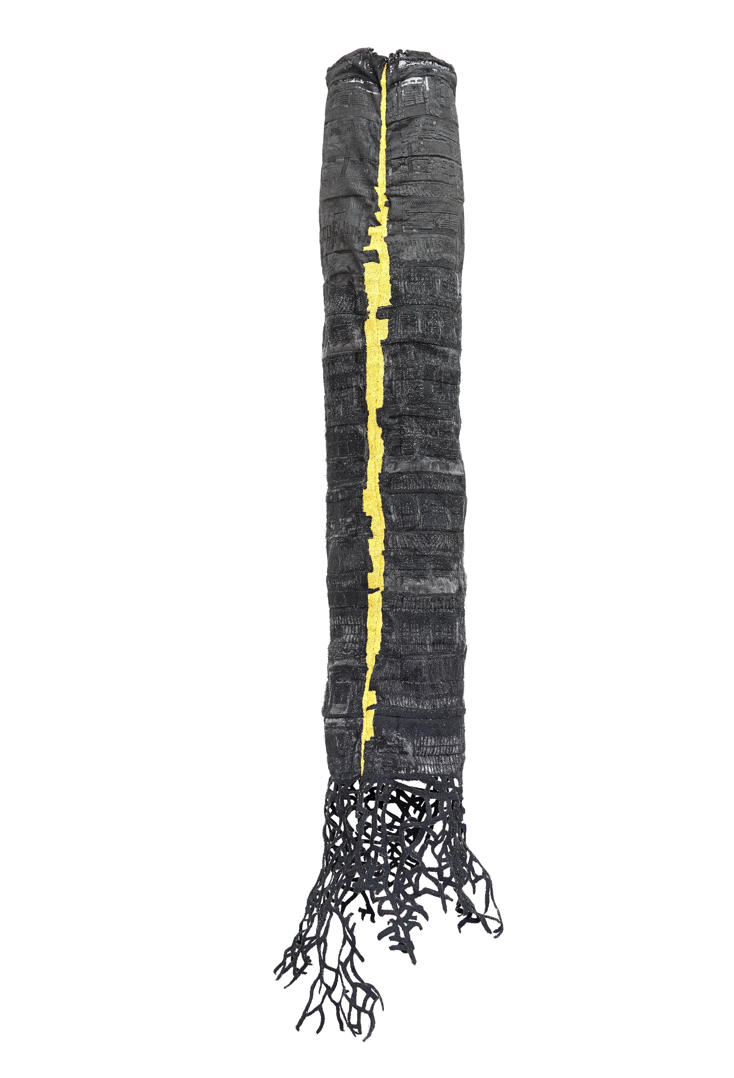 Yim Yen Sum, Breath Beneath the Gold, 2025, silkscreen and embroidery on acrylic-dyed gauze, PVC-covered wire, black and gold thread, 152 x 42 x 30cm. Image courtesy of the Sovereign Asian Art Prize.