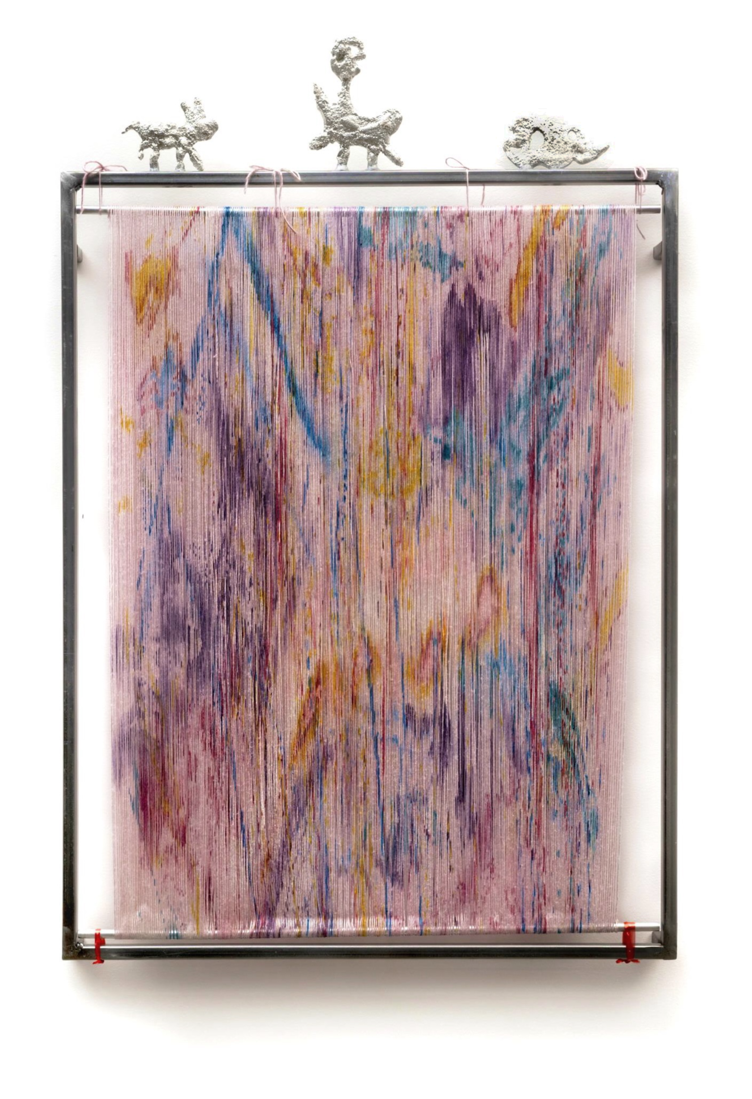 Linda Sok, parasol carrier 186.9, 2025 dye, silk, pewter, steel and polyester nylon, 84 x 7 x 3cm. Image courtesy of 16albermarle Project Space.