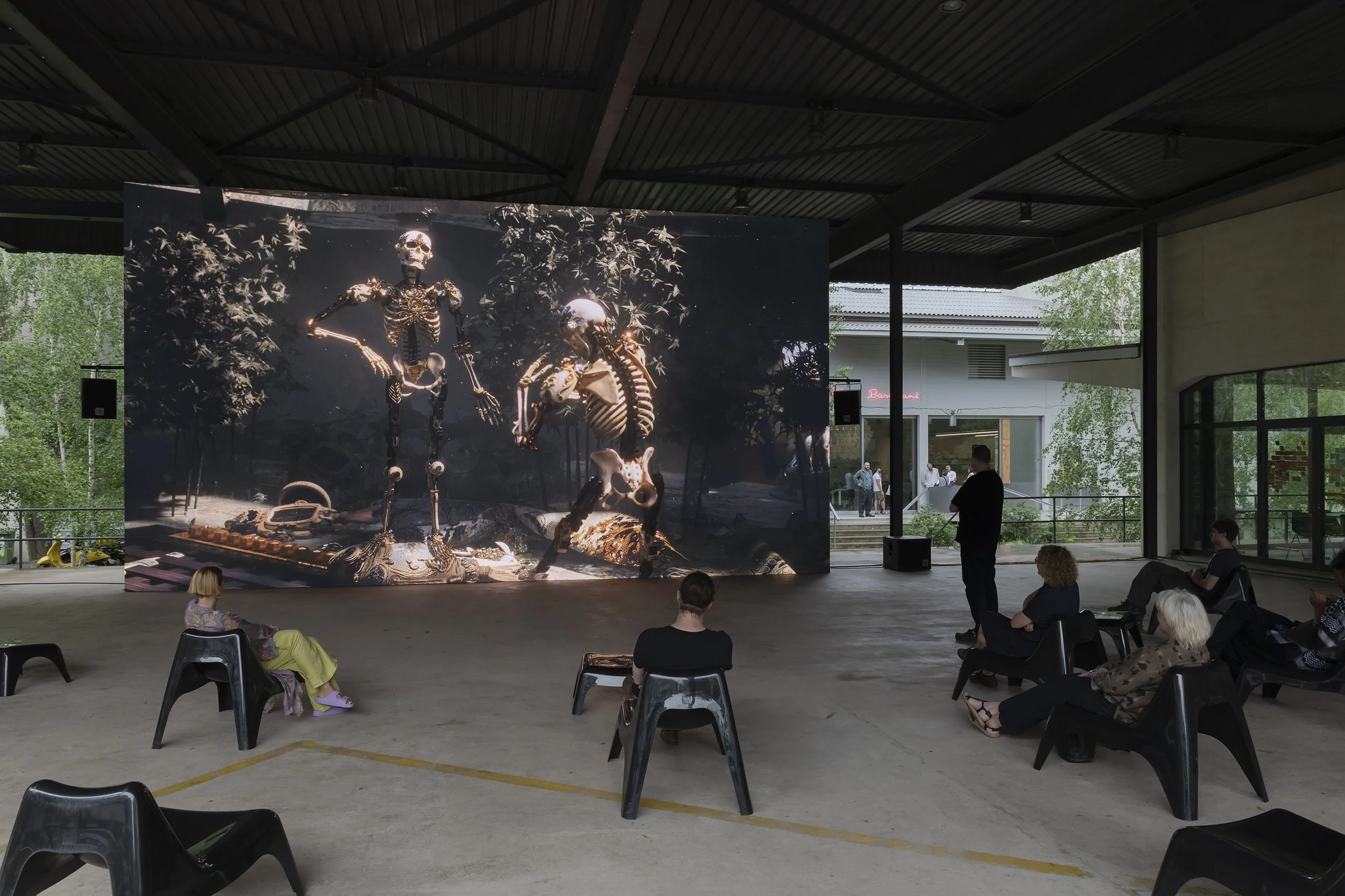 Wendi Yan, Dream of Walnut Palaces, 2025. Single-channel video. On view at HEK (House of Electronic Arts), Basel. Image courtesy of HEK. Photo by Franz Wamhof.