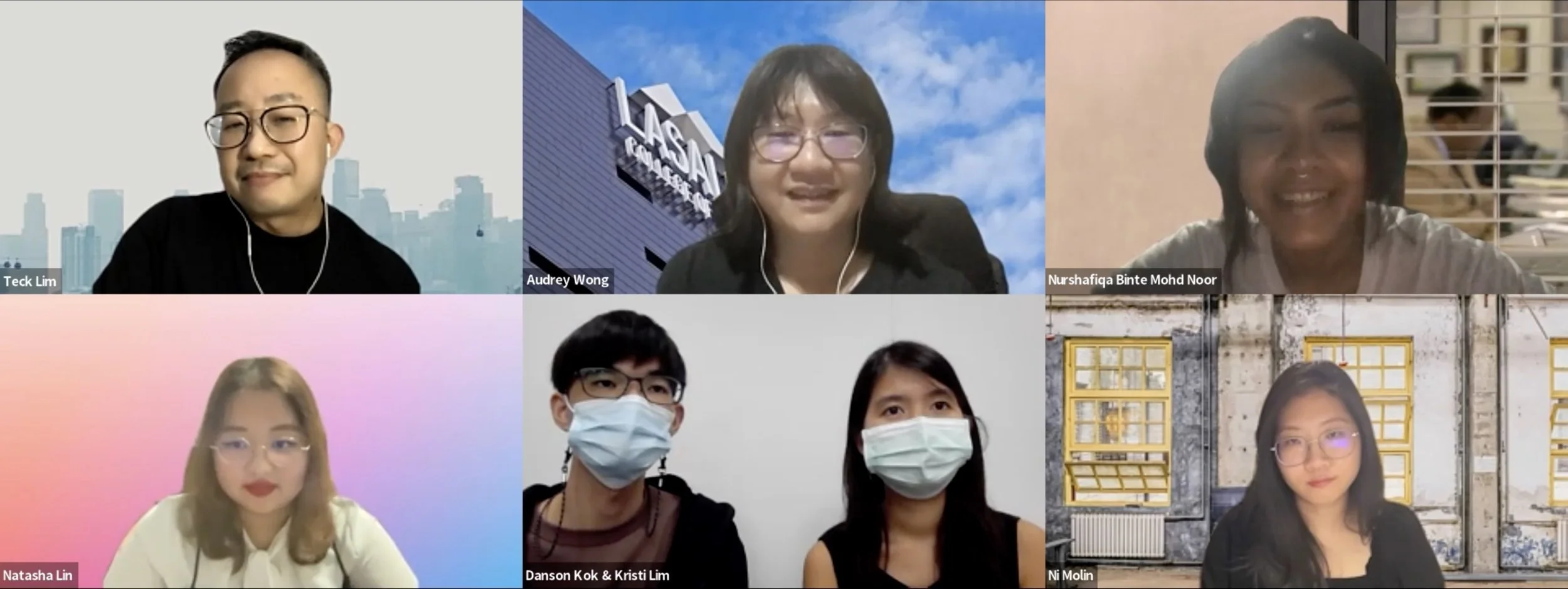 Screenshot of talk. Clockwise from top left: Teck Lim, Audrey Wong, Nurshafiqa Mohd Noor, Ni Molin, Danson Kok and Kristi Lim, and Natasha Lin.