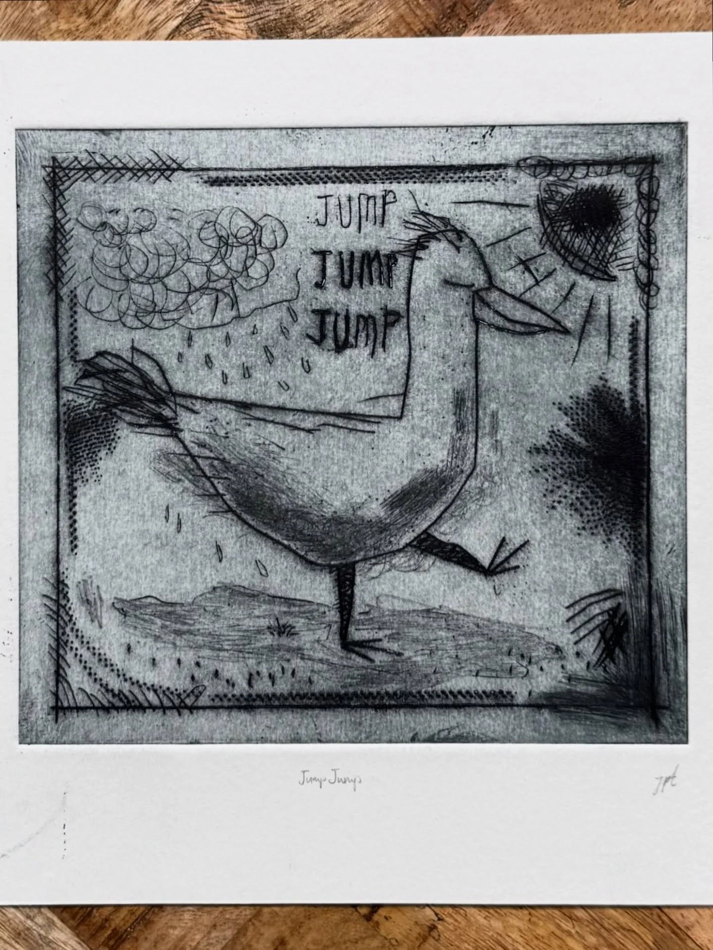 JUMP JUMP

I went and did a printmaking day course in London and this little guy was one of the first prints I made. 

Varying degrees of success shown here. 
Last image shows the aluminium plate used to make the print.

#jumpjump #duck #print #drypo