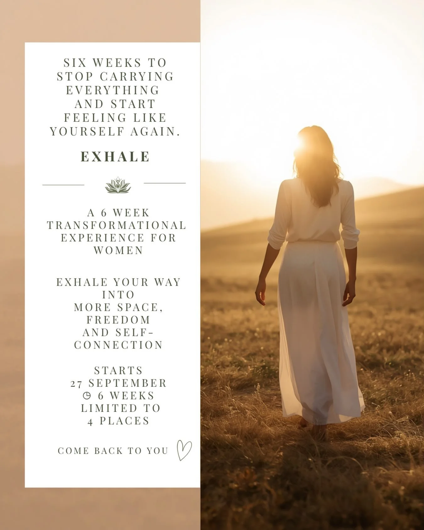 What if you stopped carrying everything for a moment&hellip; and started coming back to yourself? 🤍

EXHALE is a 6-week transformational experience for women who are ready to step out of the constant doing, caring, thinking and holding everything to