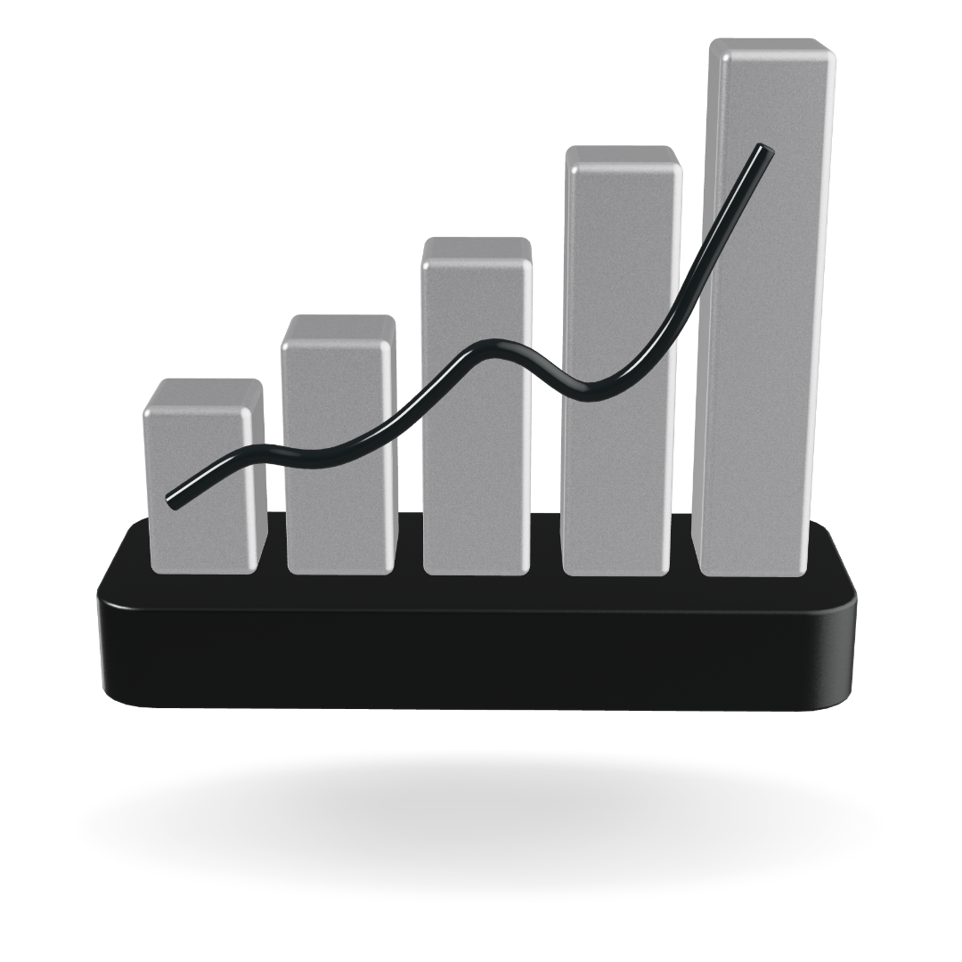 A bar graph with silver bars increasing in height from left to right, with a black line graph overlay showing a rising trend.