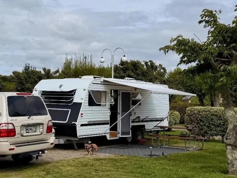 A camper trailer with extended awnings parked on a grassy area next to a white SUV. There is a small dog near the trailer, and trees and bushes surround the area under an overcast sky.