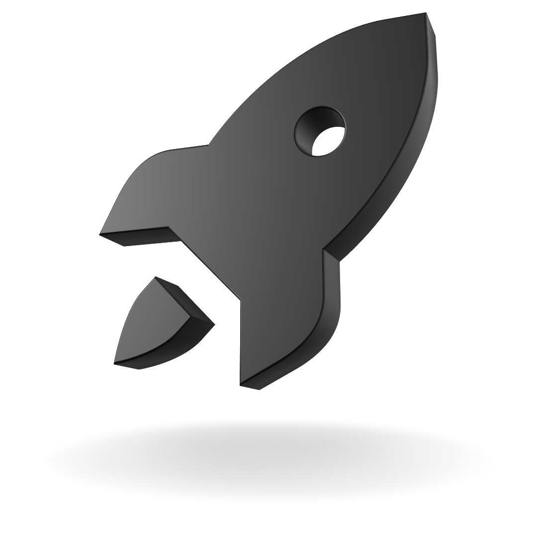 3D black rocket icon with a circular window and sharp edges on a black background.