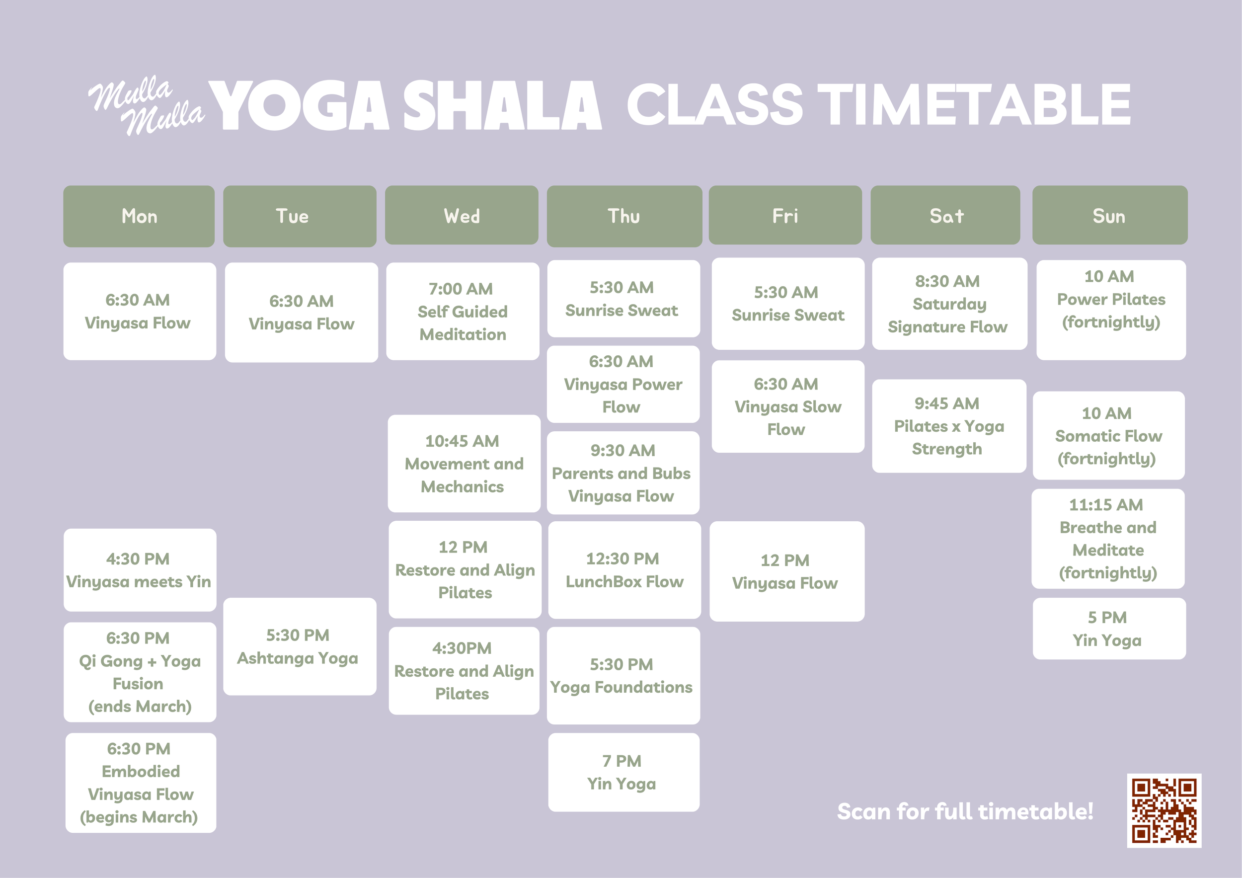 Yoga class timetable with days of the week listed at the top and various yoga classes scheduled throughout the week, including class times and descriptions.