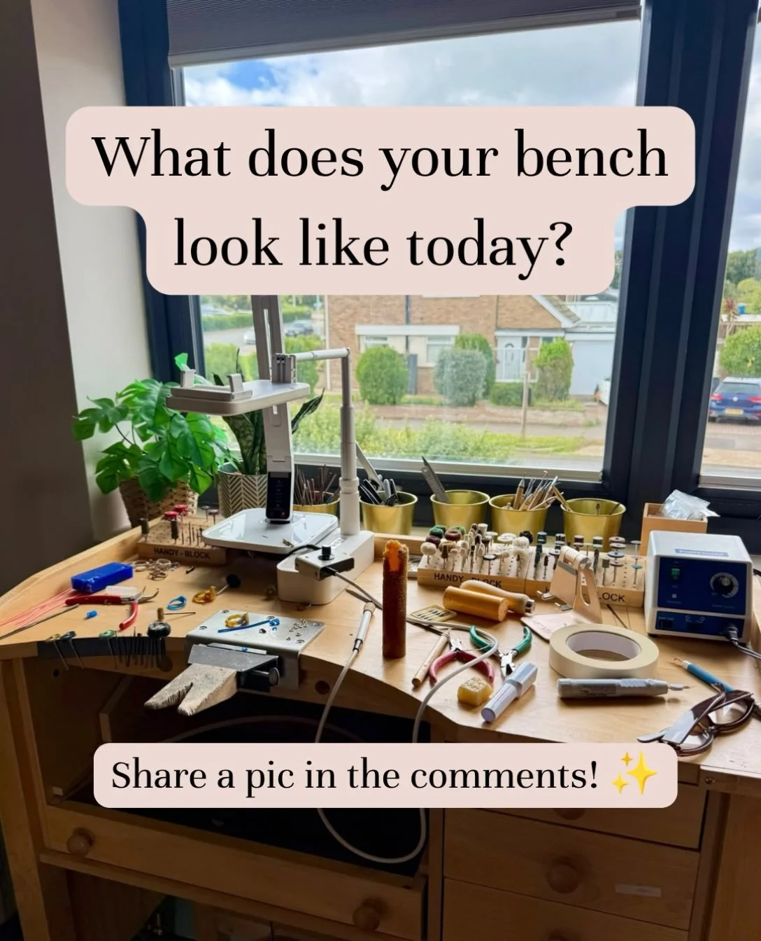 Hey jewellers! ⚒️ Come show me your benches! 👇

Whether they&rsquo;re super tidy or a bit of a mess, highly organised or creatively chaotic - I&rsquo;d love to see where your beautiful jewellery is made!

Share a photo of your workstation in the com