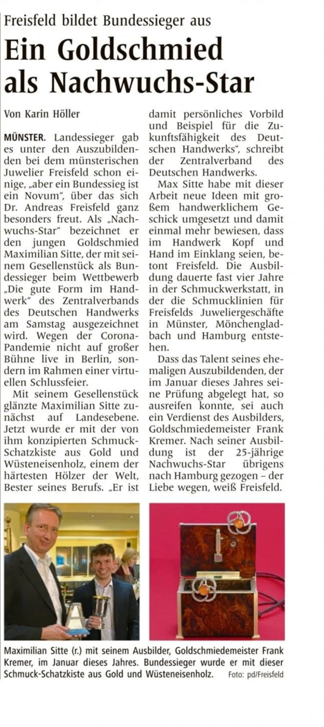 Zeitungsartikel über Maximilian Sitte, der als Nachwuchs-Star im Goldschmiedegewerbe gewürdigt wird, mit Fotos von ihm und einem Goldschmuckkästchen.