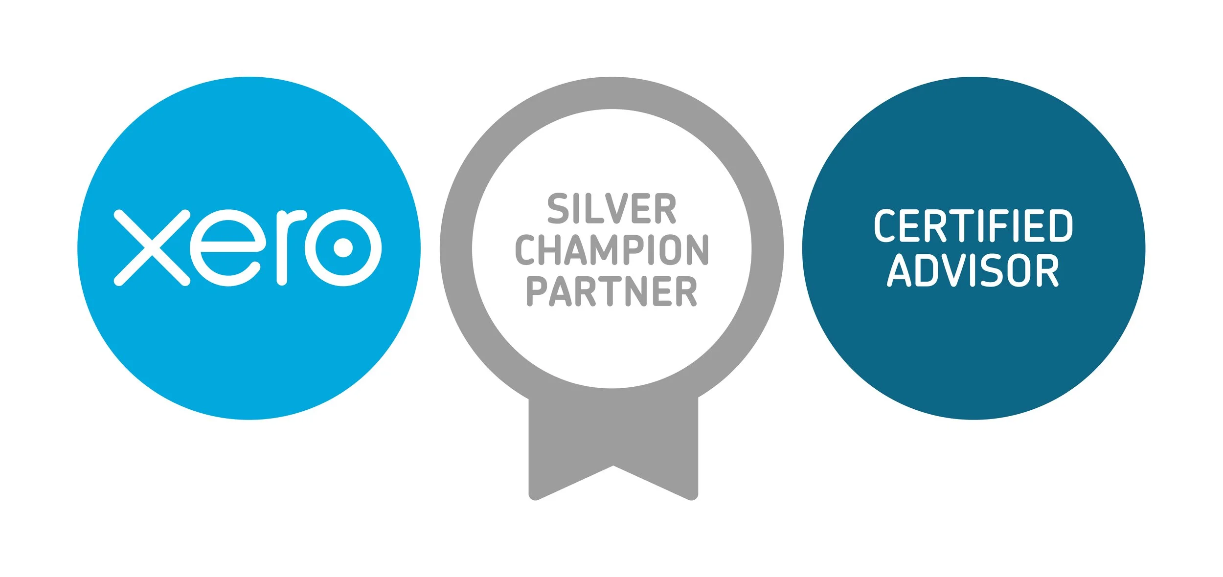 Image with three circles, the first blue with the Xero logo, the middle gray with a silver medal labeled "Silver Champion Partner," and the third dark blue with the text "Certified Advisor."