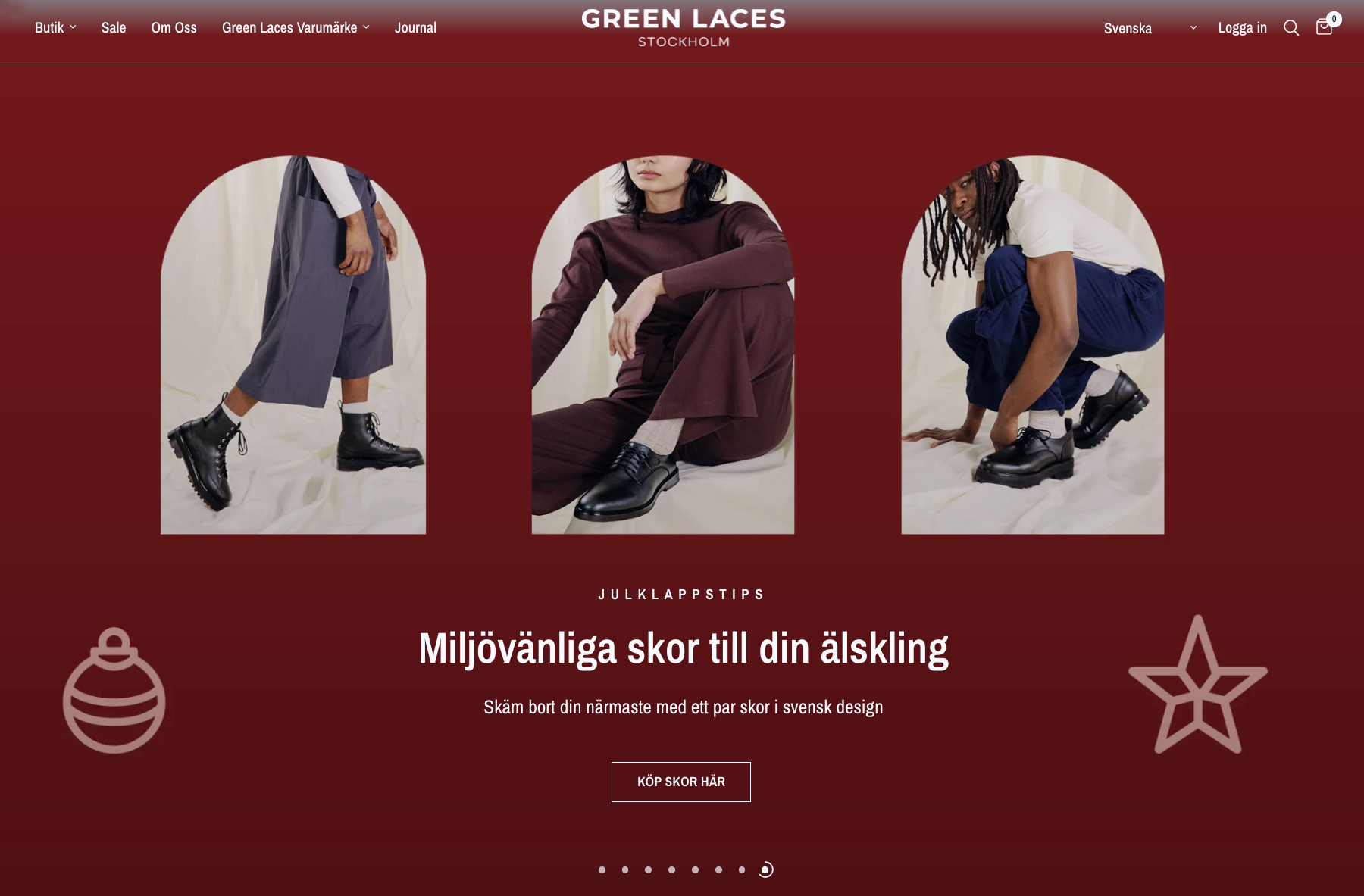 banner från hemsida. Produkter i grafiska valv med en vinröd bakgrund.