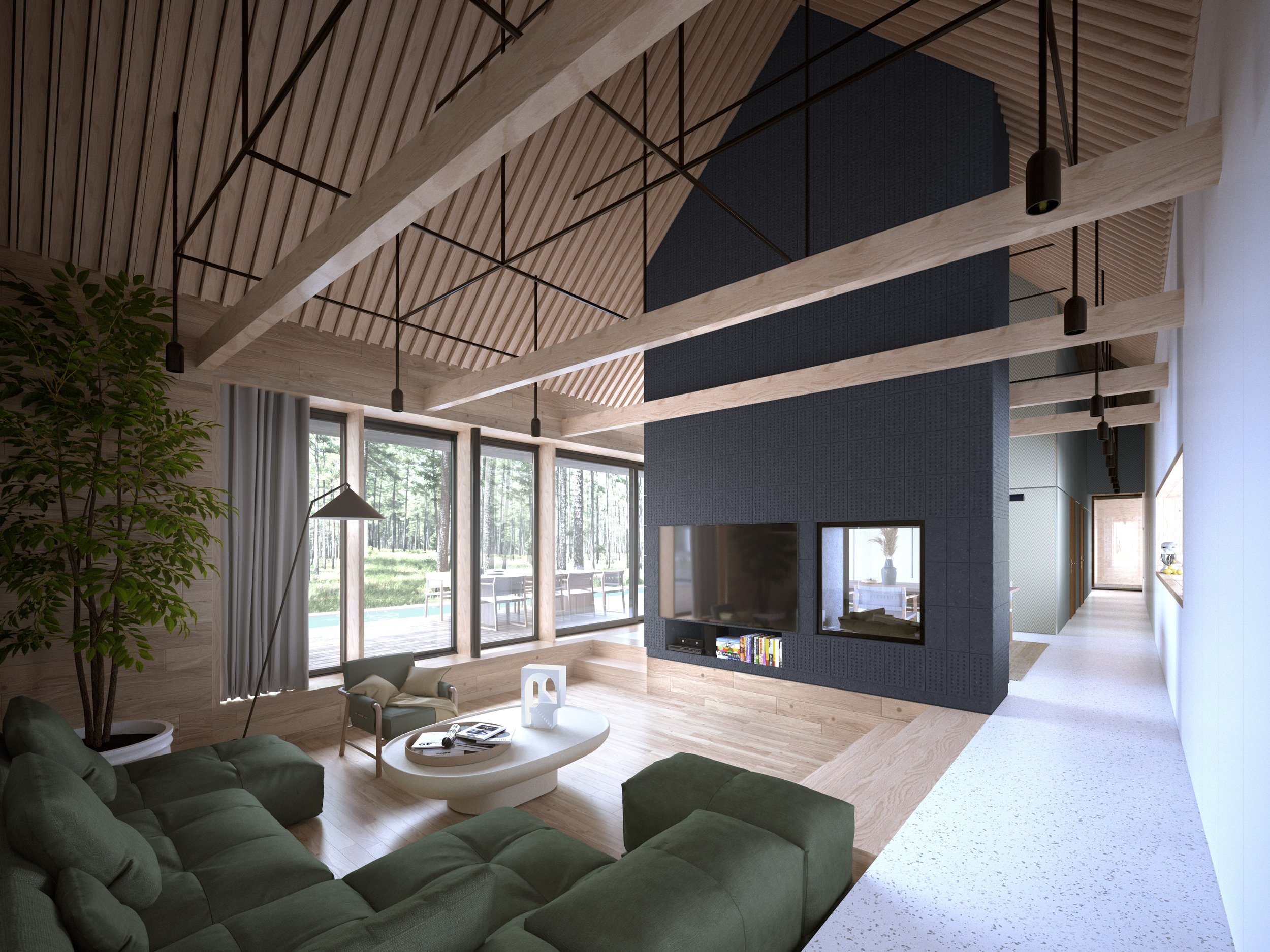Modern living room with green sectional sofa, large windows, indoor plant, and vaulted wooden ceiling; exposed beams and hanging lights enhance the space. A fireplace and TV are integrated into a dark wall centerpiece.
