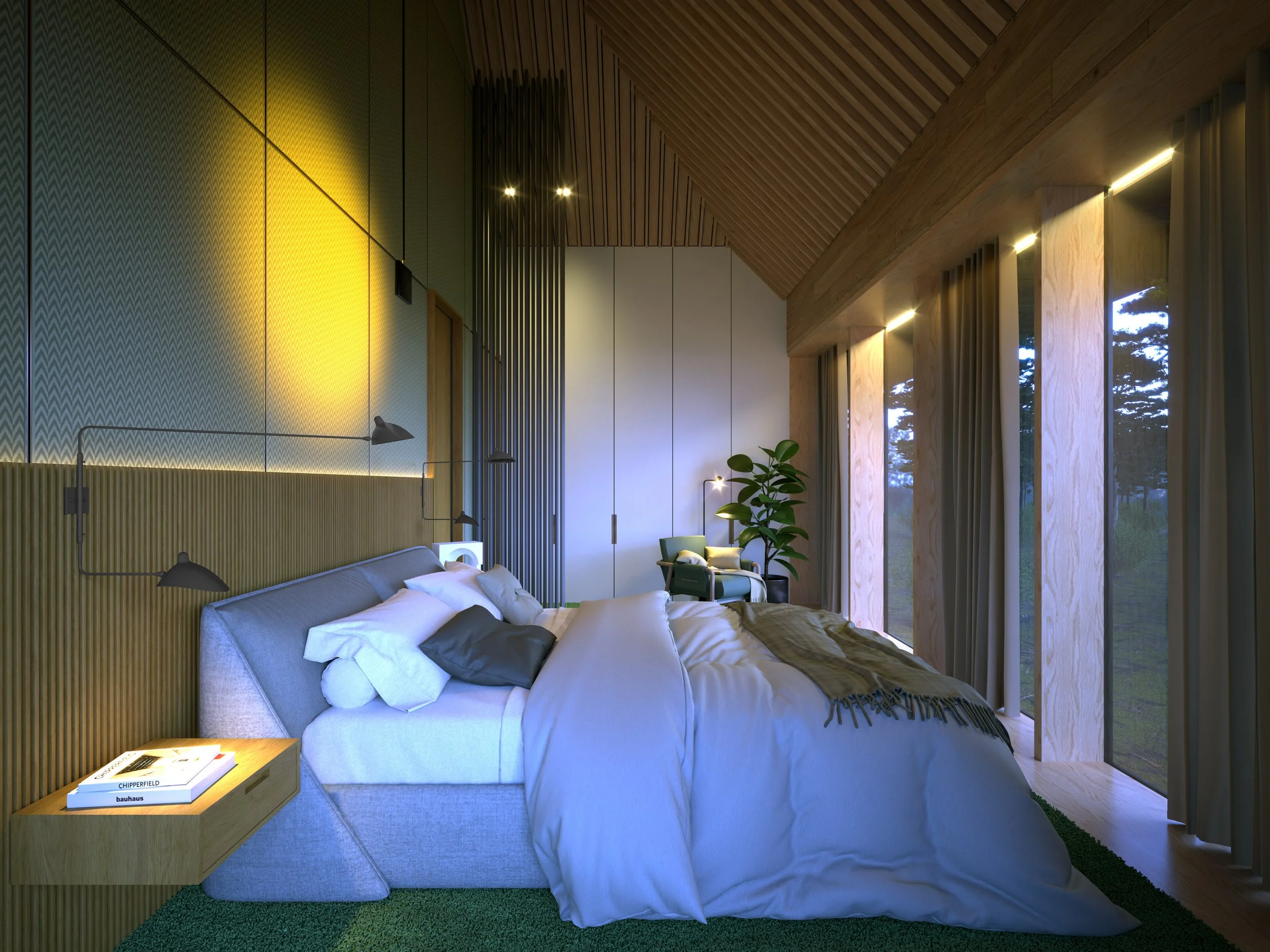 Modern bedroom interior with a large bed, wooden ceilings, and floor-to-ceiling windows. The room features a plant, bedside table, and contemporary lighting.