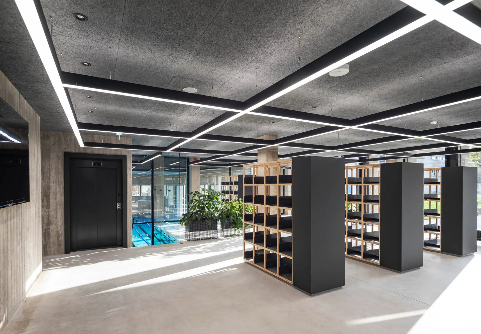 SKANK Interior Design by Tõnis Kalve and T43 Interior Architects. Modern interior space with geometric ceiling lights, black elevator doors, glass walls, shelving units with black items, and green plants. Bright outdoor view in the background.