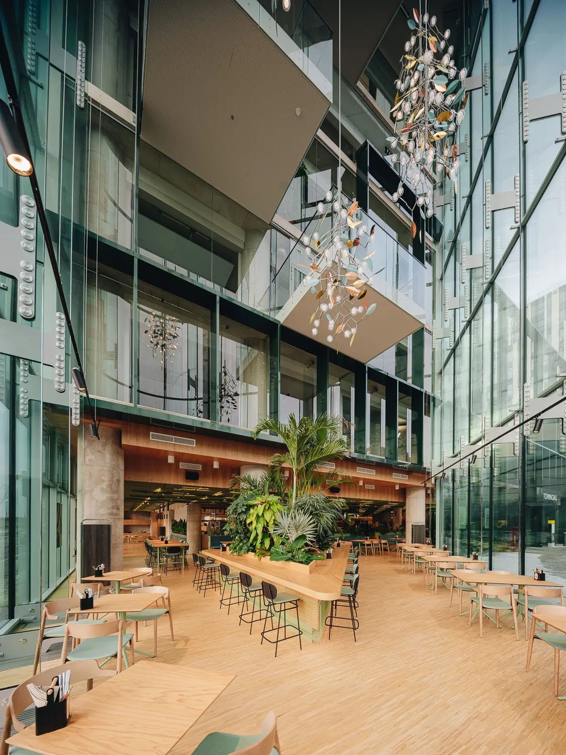 Modern indoor café with large windows, wooden floors, tables and chairs, decorative chandeliers, and indoor plants.