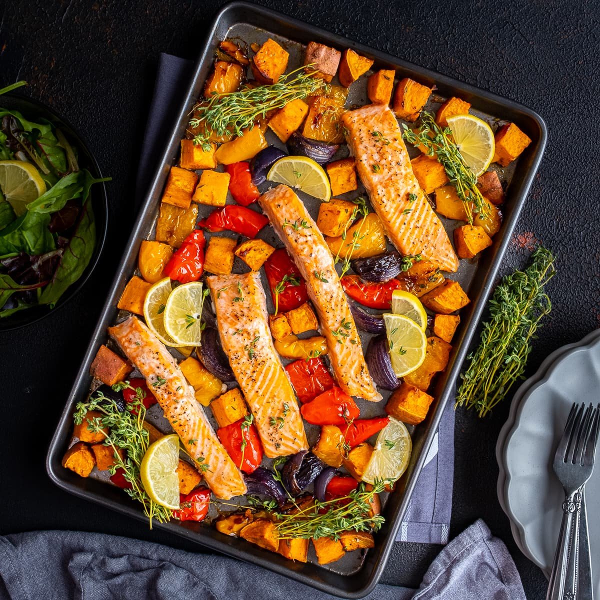 Salmon and veg traybake