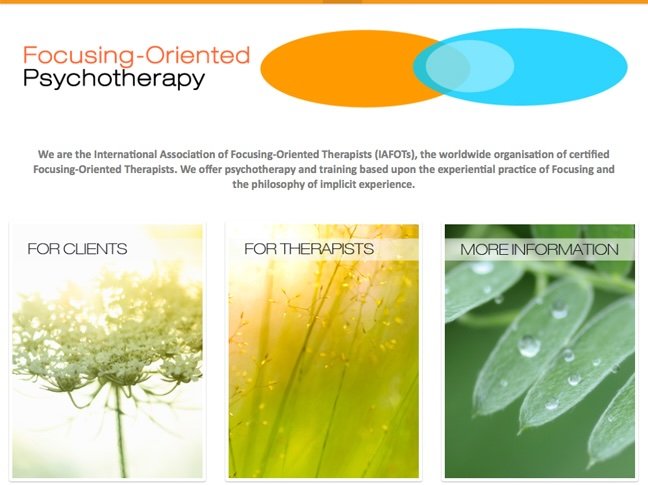 Focusing-Oriented Psychotherapy website with a description of its organization, including sections for clients, therapists, and more information, featuring nature-inspired images of trees and leaves.