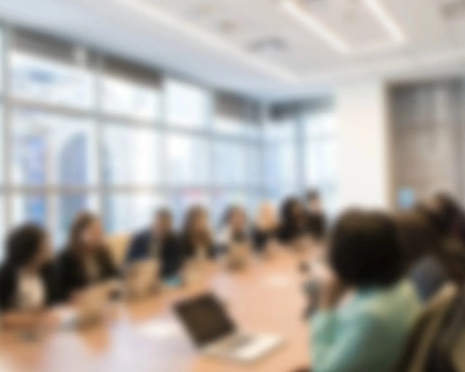 Eine Gruppe von Menschen sitzt in einem Konferenzraum mit großen Fenstern, die Tageslicht hereinlassen.