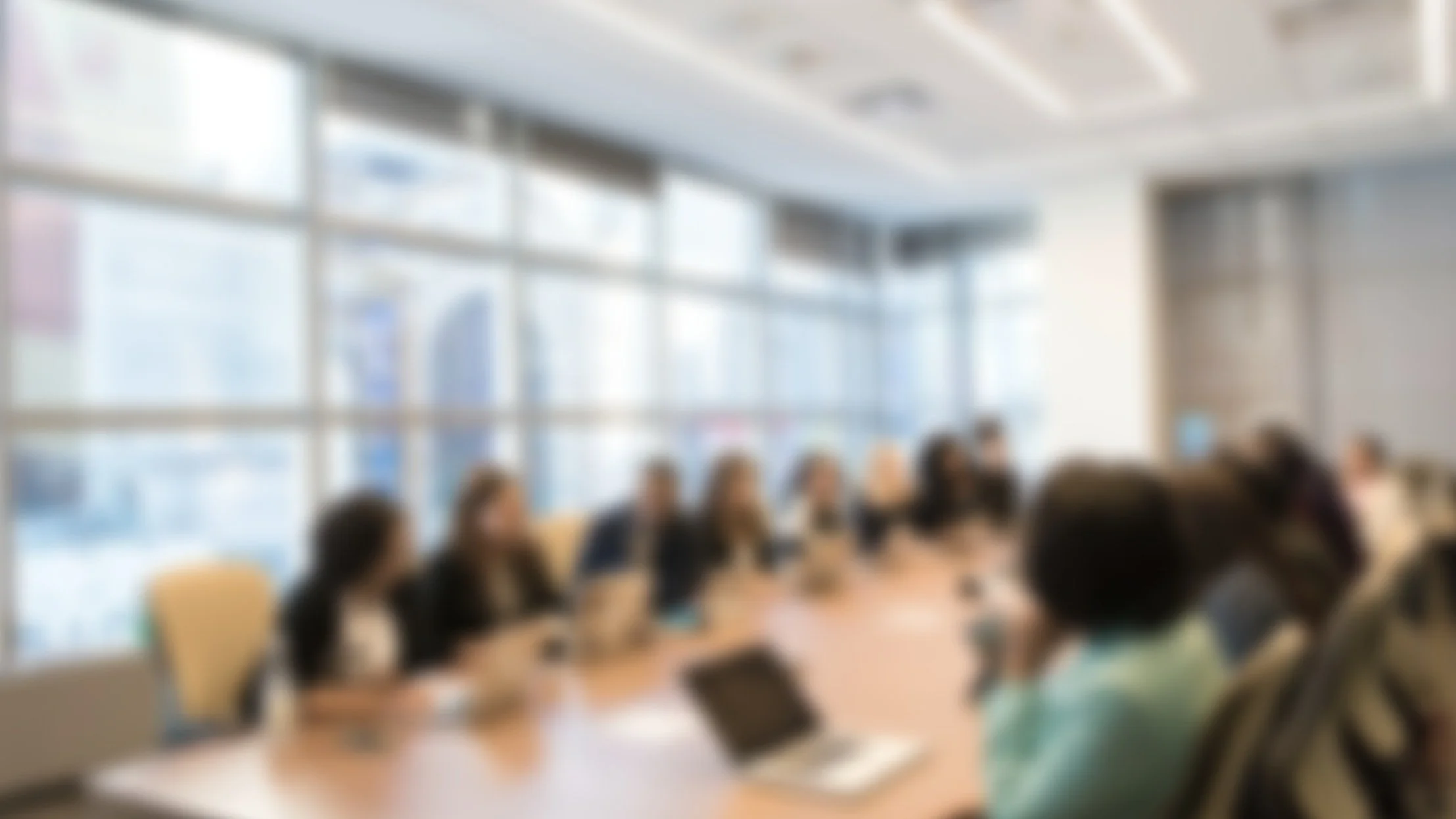 Eine Gruppe von Menschen sitzt an einem langen Tisch in einem modernen Konferenzraum mit großen Fenstern, durch die ein städtisches Stadtbild sichtbar ist.