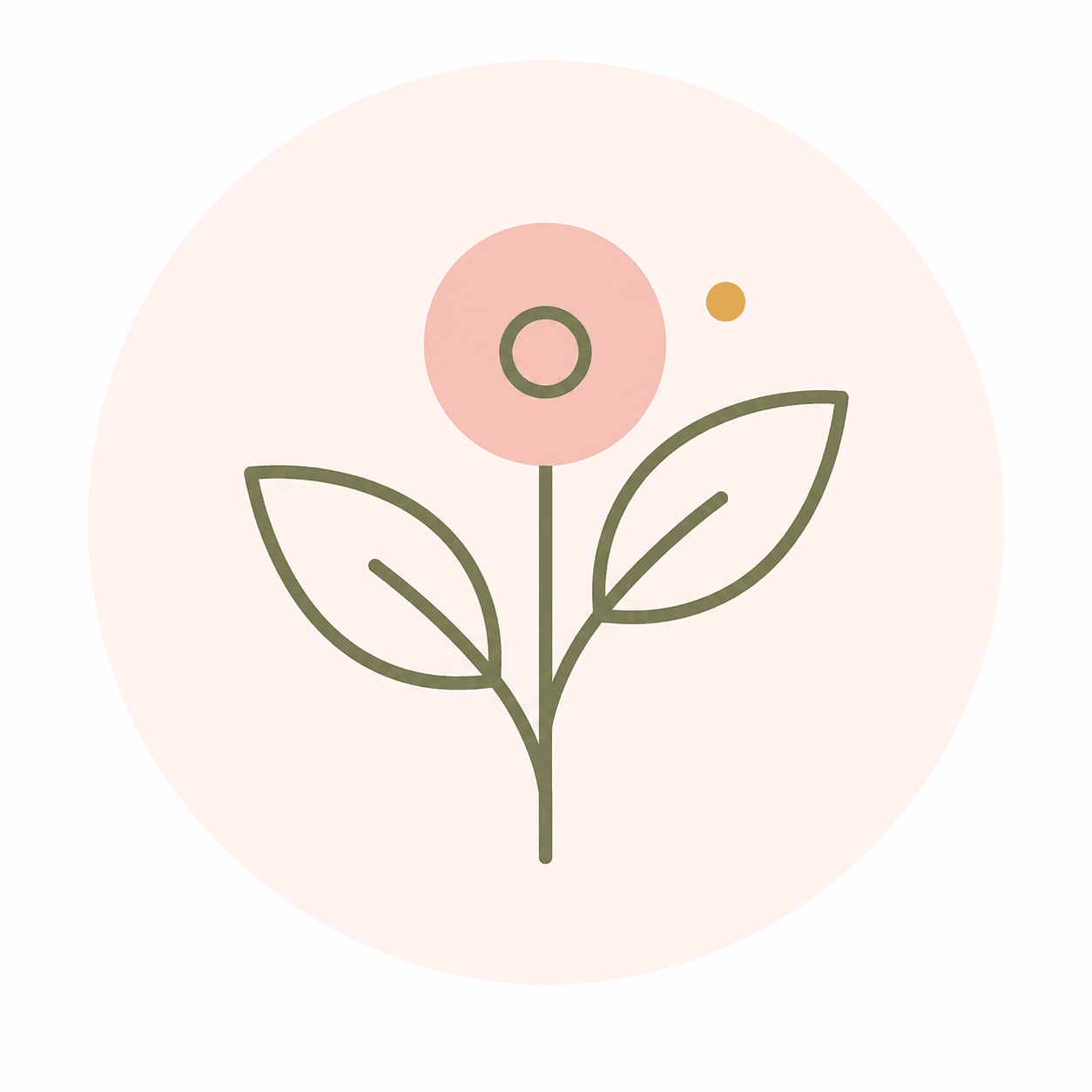 Minimalistisches Blumenbild mit einer einzigen rosa Blume, zwei grünen Blättern und einem kleinen goldfarbenen Punkt auf hellrosa Hintergrund.