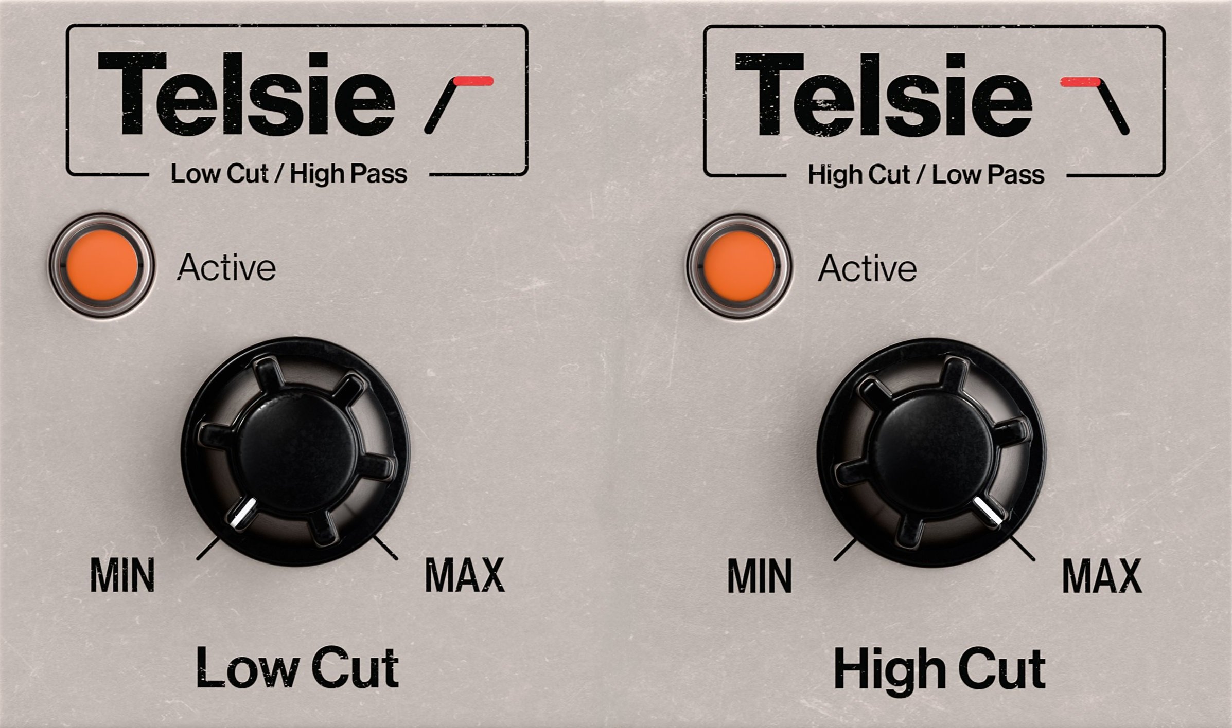 Audio equipment panel with two sections labeled Telsie, each with an orange active button, a black knob with min and max labels, and text indicating 'Low Cut / High Pass' on the left and 'High Cut / Low Pass' on the right.