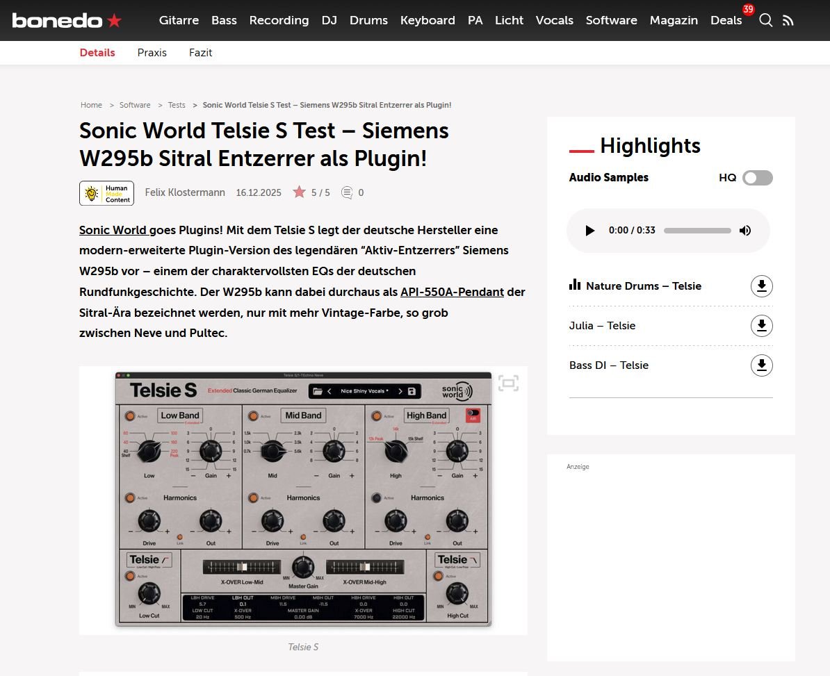 5 Star review of our SonicWorld Telsie S equalizer plug-in on www.bonedo.de
With sound samples! Check it out at www.sonicworldplugins.com.
10 days free trial
#sonicworldaudio #gearporn #recordinggear #proaudiogermany #vintage #vintagegear #studio #mu