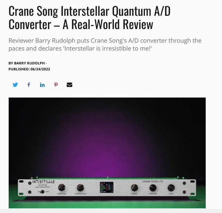The first review is out: Barry Rudolph: 'Interstellar is irresistible to me!'
https://www.mixonline.com/technology/reviews/outboard-gear/crane-song-interstellar-quantum-a-d-converter-a-real-world-review

#recordingstudio #akzentaudio #analogrecording