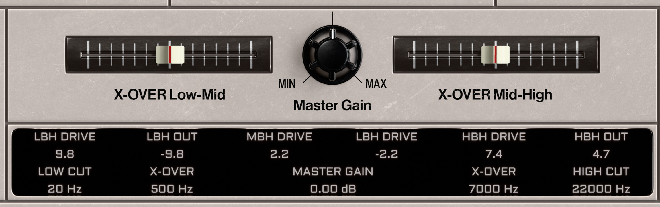 Audio compressor or equalizer with adjusting sliders, knobs, and digital readouts for various audio parameters.