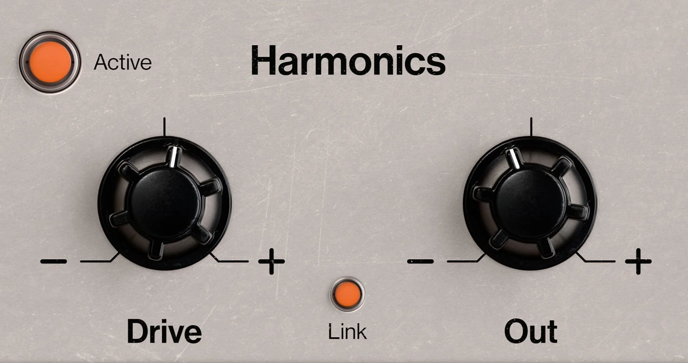 Audio mixer with labeled knobs for 'Drive' and 'Out,' a button labeled 'Active' on the top left, and a button labeled 'Link' in the center.