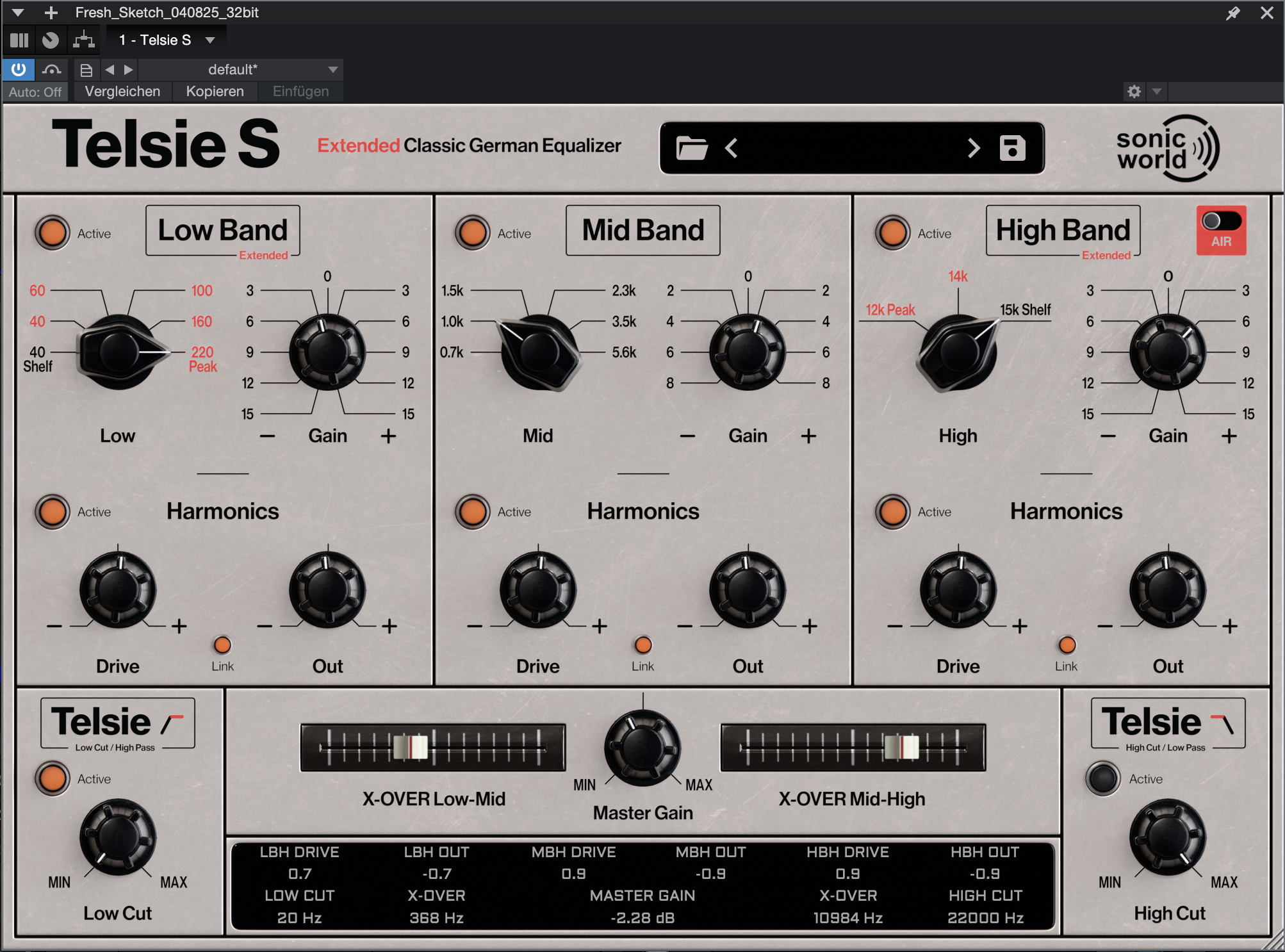 Screenshot of Telsie S, an extended German equalizer plugin interface, displaying controls for low, mid, high bands, and harmonics, with various knobs and sliders for adjusting audio frequencies.