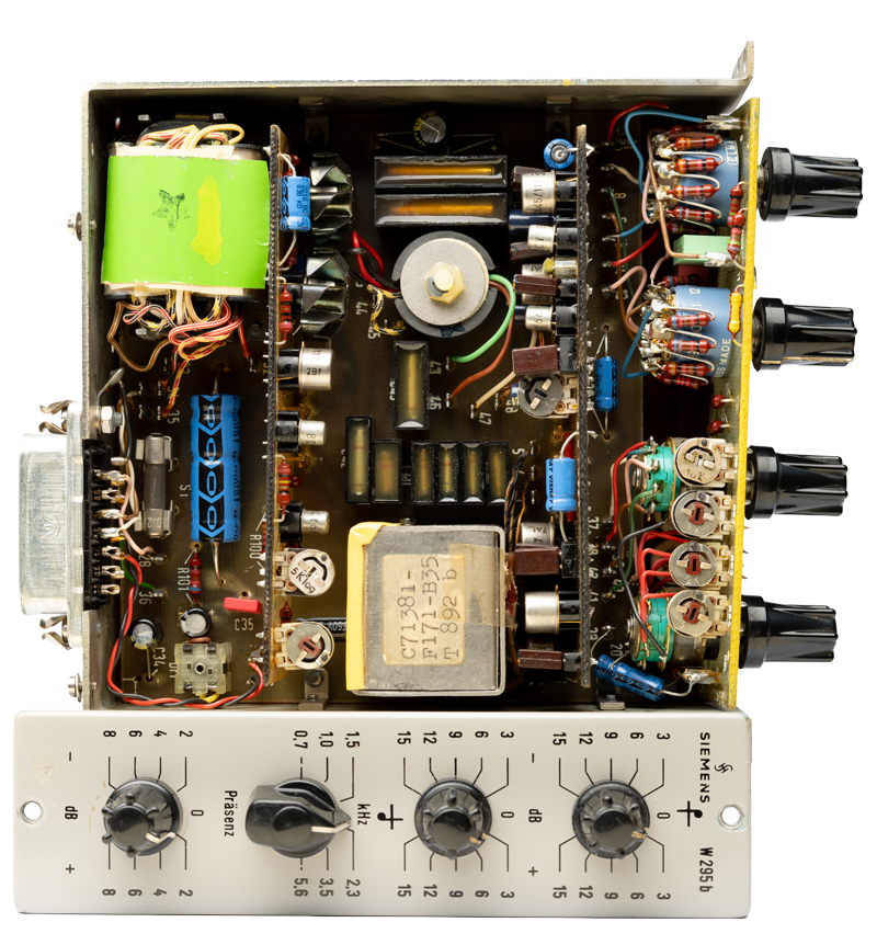 Interior of vintage Siemens W 295B Equalizer showing electronic components and control knobs.