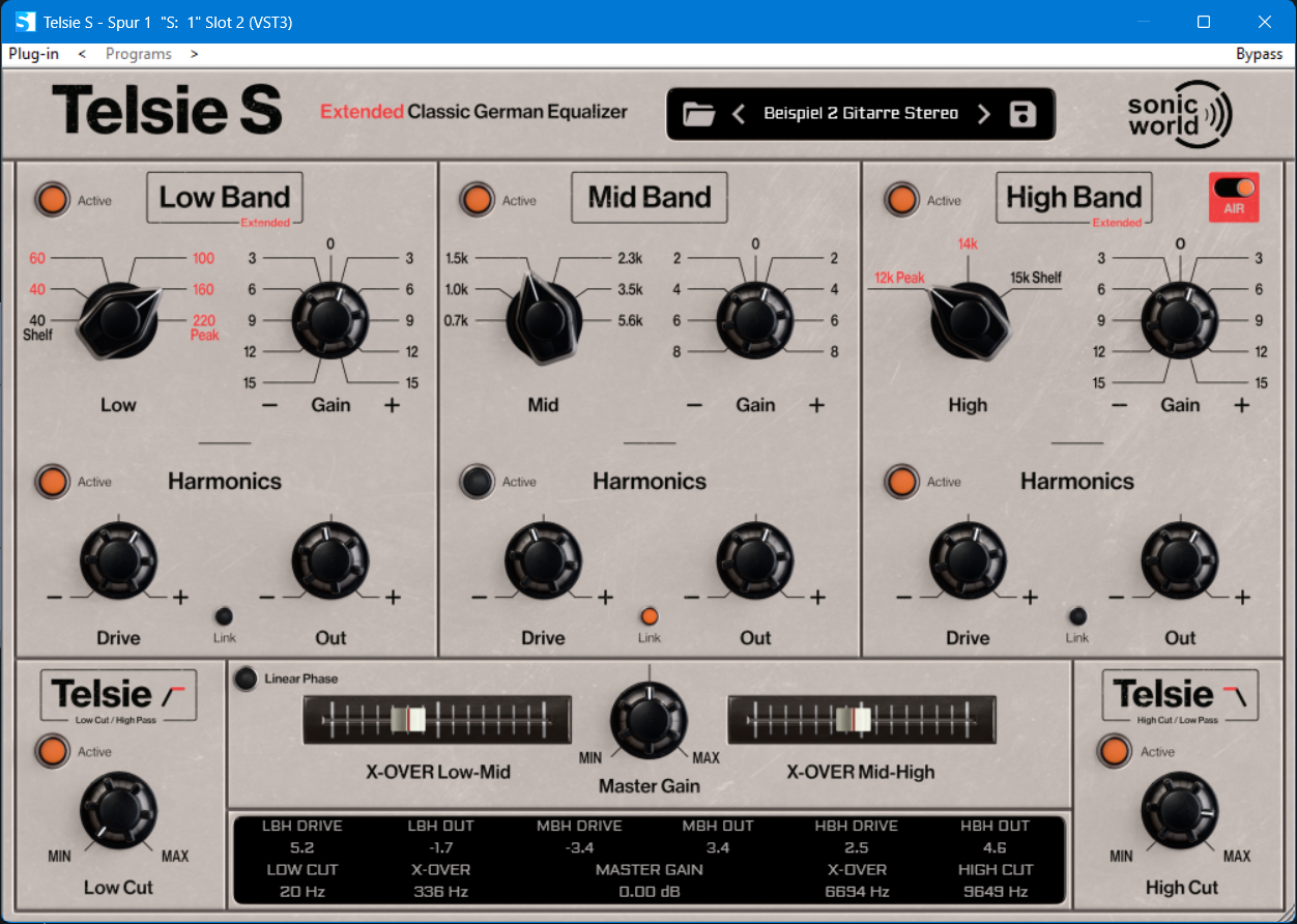 Music audio processing software interface with adjustable settings for low, mid, and high bands, harmonics, and cross-over filters.
