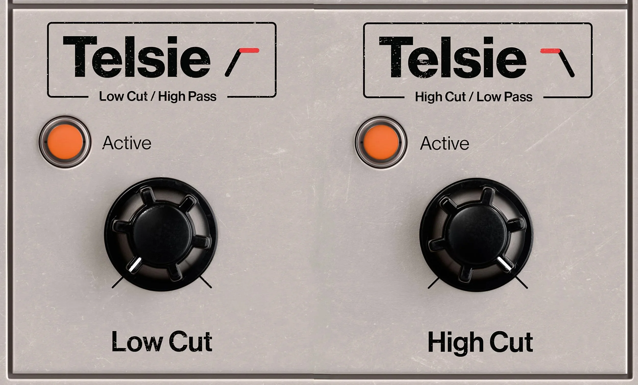 A control panel with two orange active buttons, each labeled 'Low Cut / High Pass' and 'High Cut / Low Pass' respectively, with rotary knobs beneath each button.