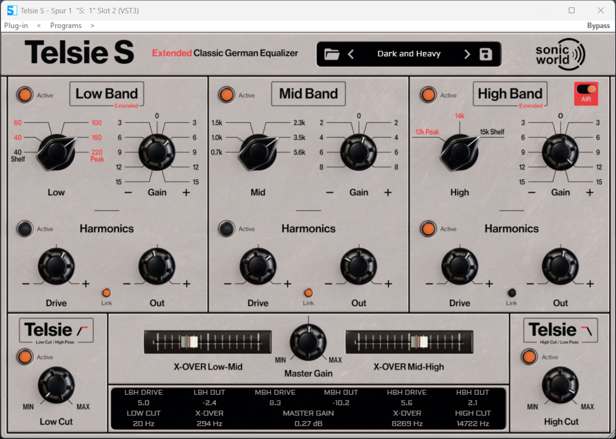Screenshot of Telsie S audio equalizer software interface with multiple filter bands, knobs for adjustments, and labels such as Low, Mid, High, Harmonics, and Gain.