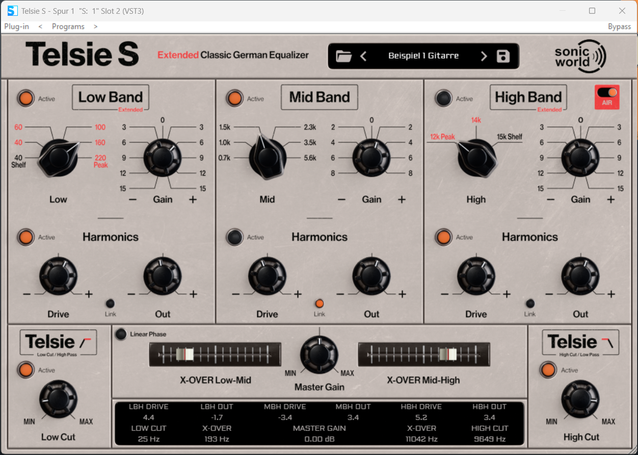 Screenshot of an audio plugin interface called Telsie S, featuring controls for Low Band, Mid Band, and High Band equalizer settings, including gain, frequency, and resonance, with additional controls for harmonics and master gain.
