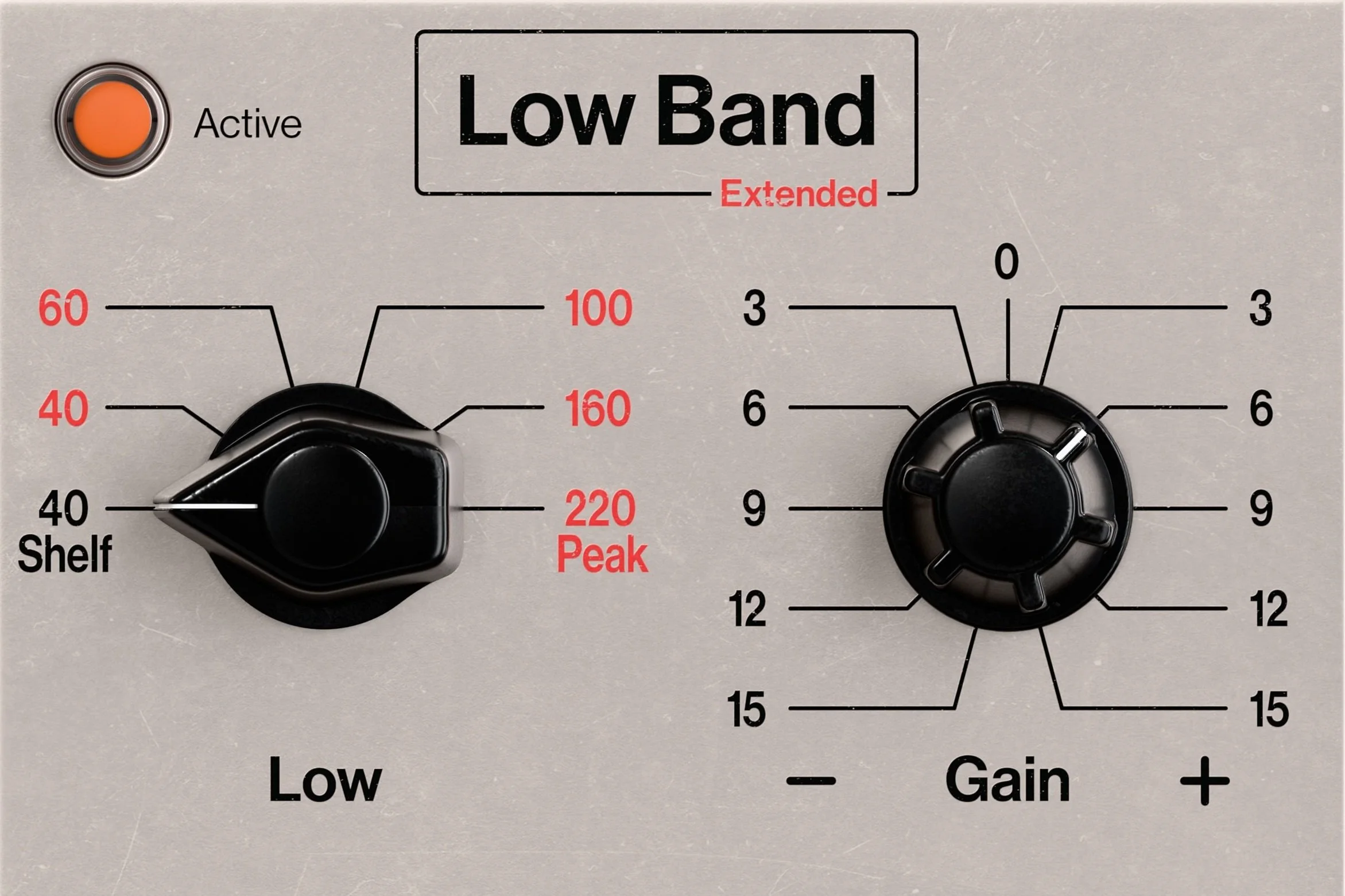 A control panel for a low band extended audio equalizer, featuring two black knobs labeled 'Low' and 'Gain,' and an orange power button labeled 'Active'.