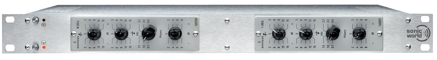 Audio equipment rack with two channels of equalizer controls and a logo for Sonic World.