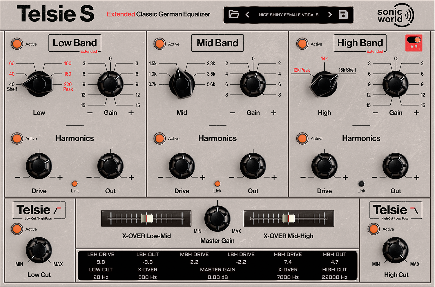 Music equalizer interface labeled Telsie S, featuring controls for Low, Mid, and High bands, with additional controls for Harmonics and High and Low Pass filters, and master gain, all on a gray background.