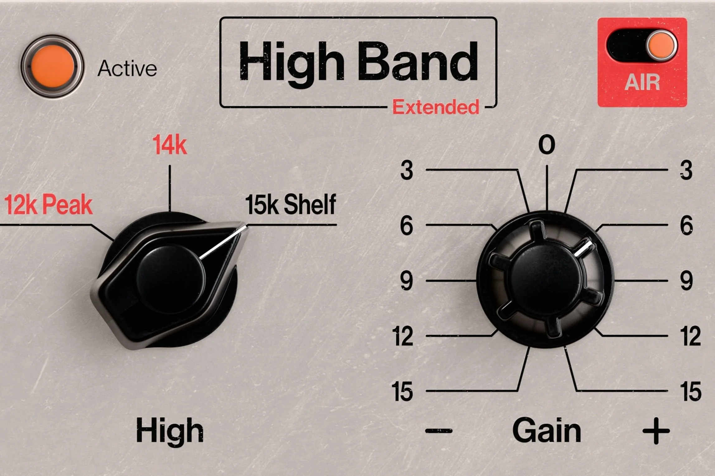 Audio amplifier control panel with On/Off switch, labeled 'High Band Extended', with adjustable controls for high frequency and gain, and a red 'AIR' switch.