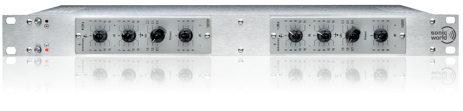 A professional audio mixing console with multiple knobs, sliders, and LED indicators, situated on a reflective surface.