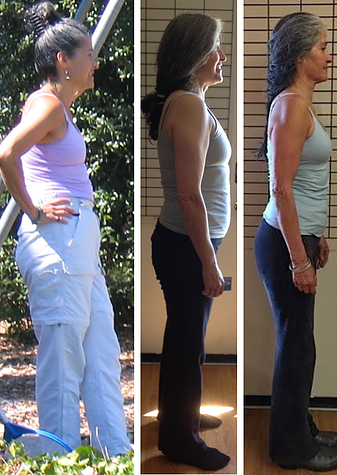 Three side-by-side photos of a woman showing progressive posture improvement. Left photo: woman with slouched posture outdoors, wearing a purple tank top and white pants. Middle photo: woman with improved posture indoors, wearing a light-colored tank top and dark pants. Right photo: woman with straight posture indoors, styled hair, wearing a gray top and dark pants.