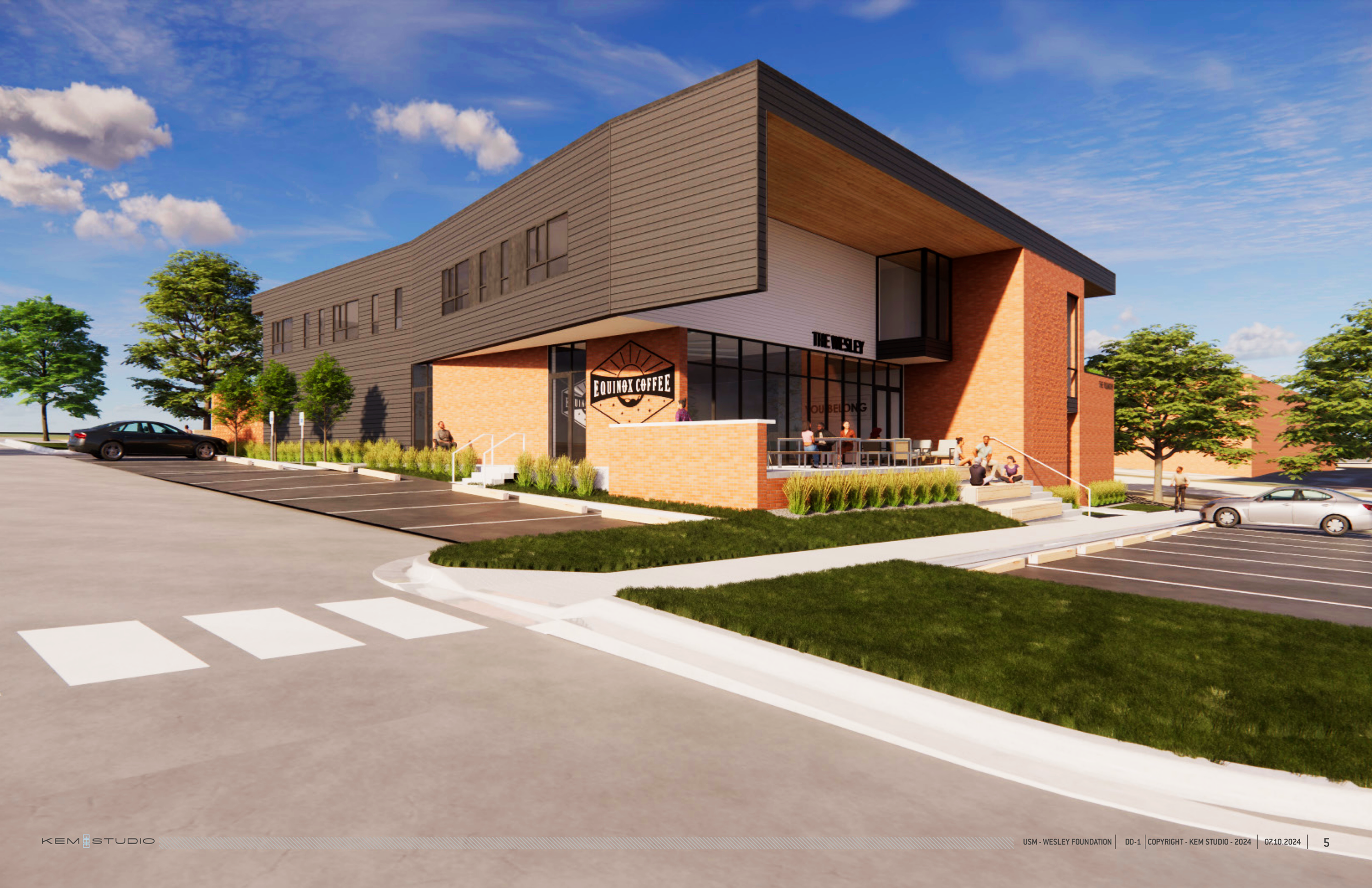 Modern two-story building with brick and gray panel exterior, featuring signs for "Equinox Coffee" and "The Wesley." The scene includes outdoor seating, a parking lot with cars, and surrounding greenery with trees under a blue sky with clouds.