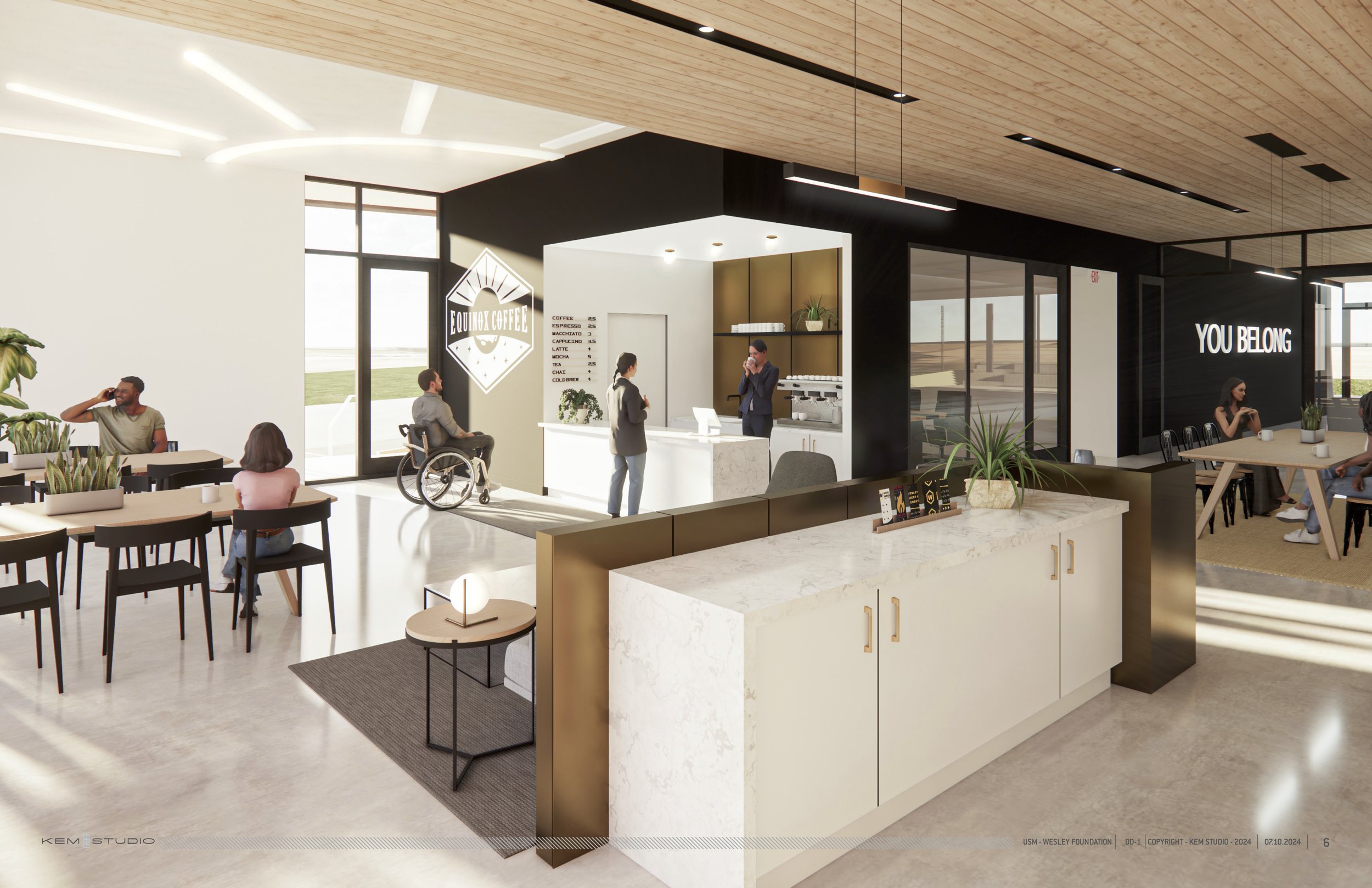 Modern coffee shop interior with people sitting and ordering, featuring a wheelchair user, minimalist decor, and plants.