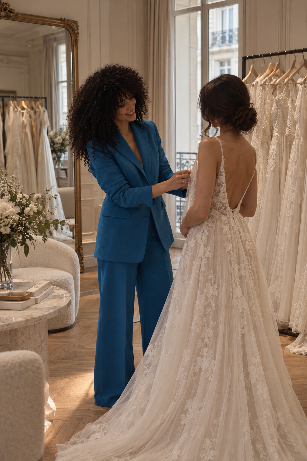 Essayage et accompagnement style mariage par une conseillère en image dans un salon d'essayage.