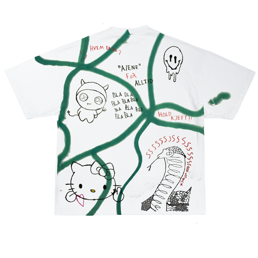 Dårlig tegning av forskjellige tegneseriefigurer og skisser, inkludert en katt, en drage, og en skjelettlignende skapning, med tekst på norsk og noen små symboler.