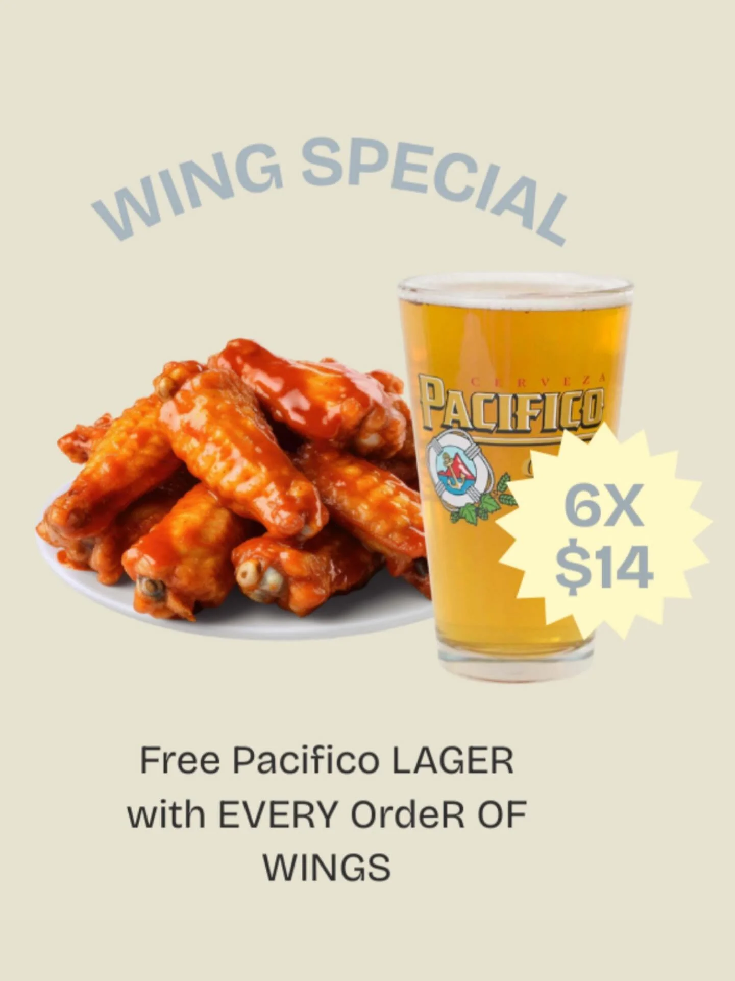 Monday wing special &amp; Pacifico beer 6x$14 at @honeysoncollins