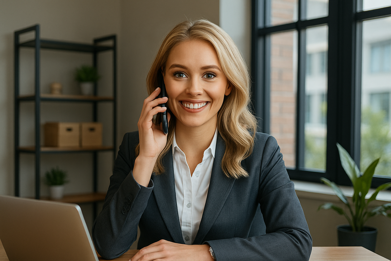 Young woman with a dark grey suite and white blouseblonde hair sitting at a desk with a black cell phone in her hand.