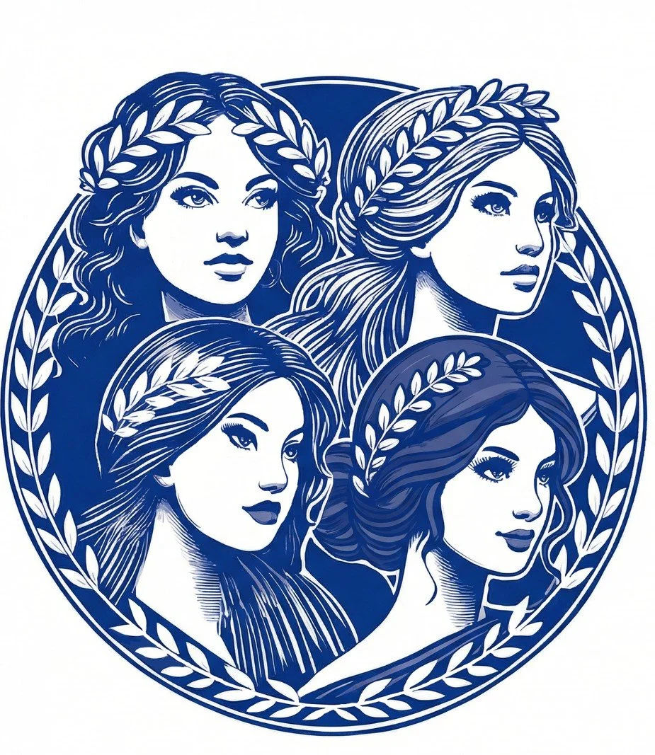 Calbria Systems Brand Icon. Illustration of five women with detailed hairstyles and laurel wreath headbands, arranged in a circular frame.